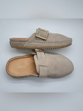 Clarks Suede Buckle Clog Mules Taupe | Women’s 6.5 EU 37 | Coastal Grandma